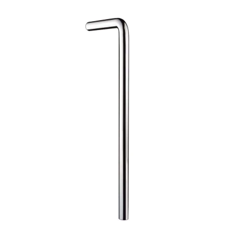 Ein gerades, verchromtes Rohr mit einem 90-Grad-Winkel an einem Ende, typischerweise verwendet in Sanitärinstallationen, präsentiert von Hansgrohe.